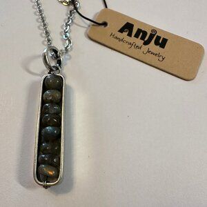 ANJU Banjara Necklace • Antiqued Silver + Labradorite, 0.25″ x 1.75″ Pendant, 30